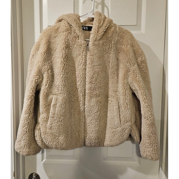 Zara Teddy Faux Fur Hoodie Jacket Beige Zip Up Women's Small Cozy Coat - Picture 1 of 4